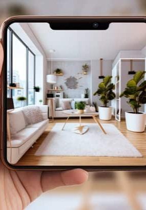 hands holding a Smartphone and take a picture of modern livingroom. Interior designer work with mobile. banner